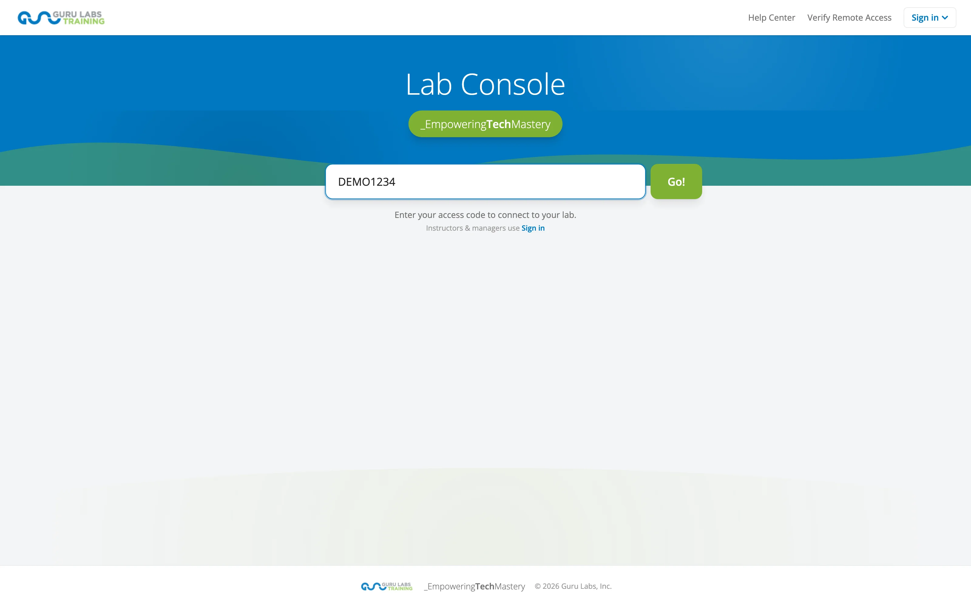 The LabConsole welcome page with a student access code typed into the join field