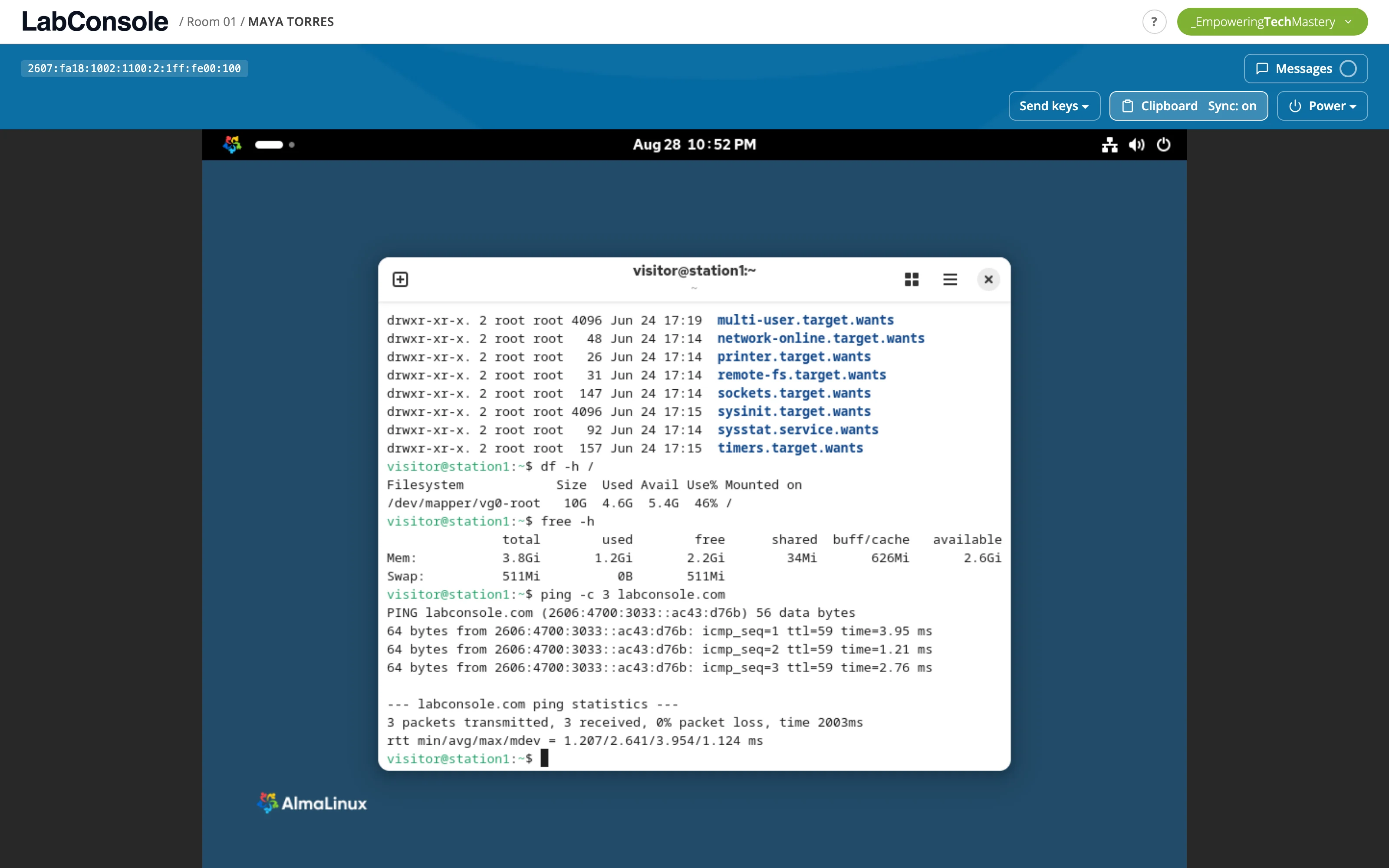 One student's machine opened full screen from the grid, the instructor typing directly into their terminal