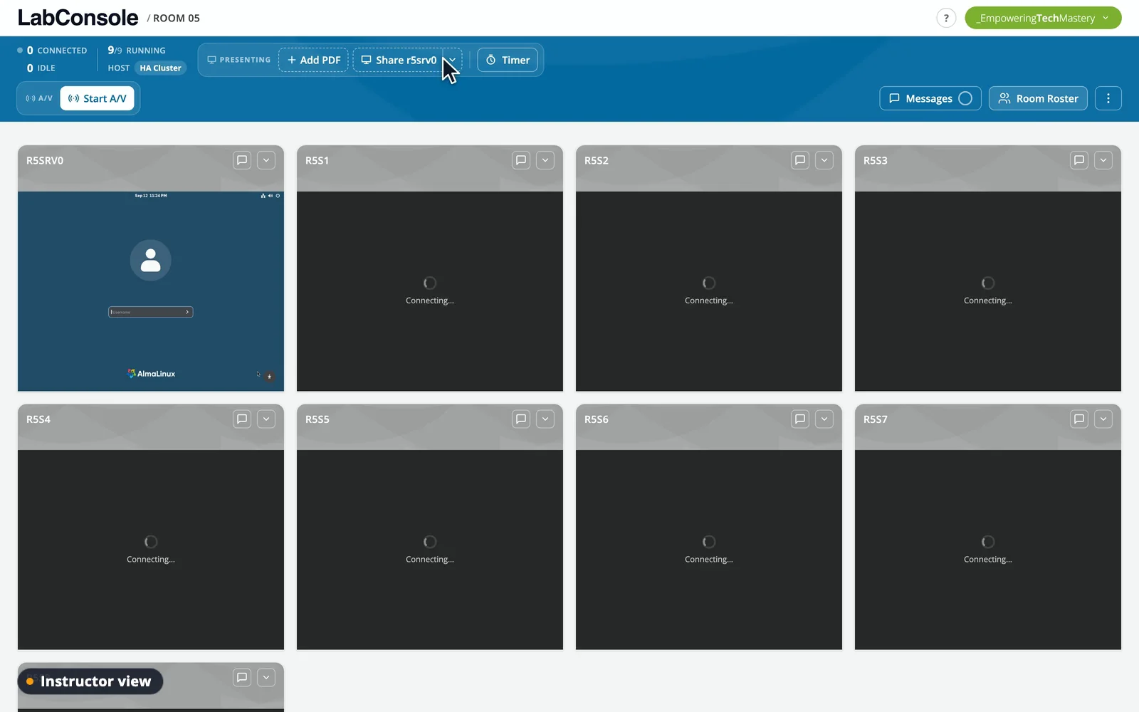 The roster lists every seat with its student and code, the codes go out from the email templates, then a student types theirs on the branded access page, lands on their own machine, picks Boot from hard disk, and watches it boot in the browser