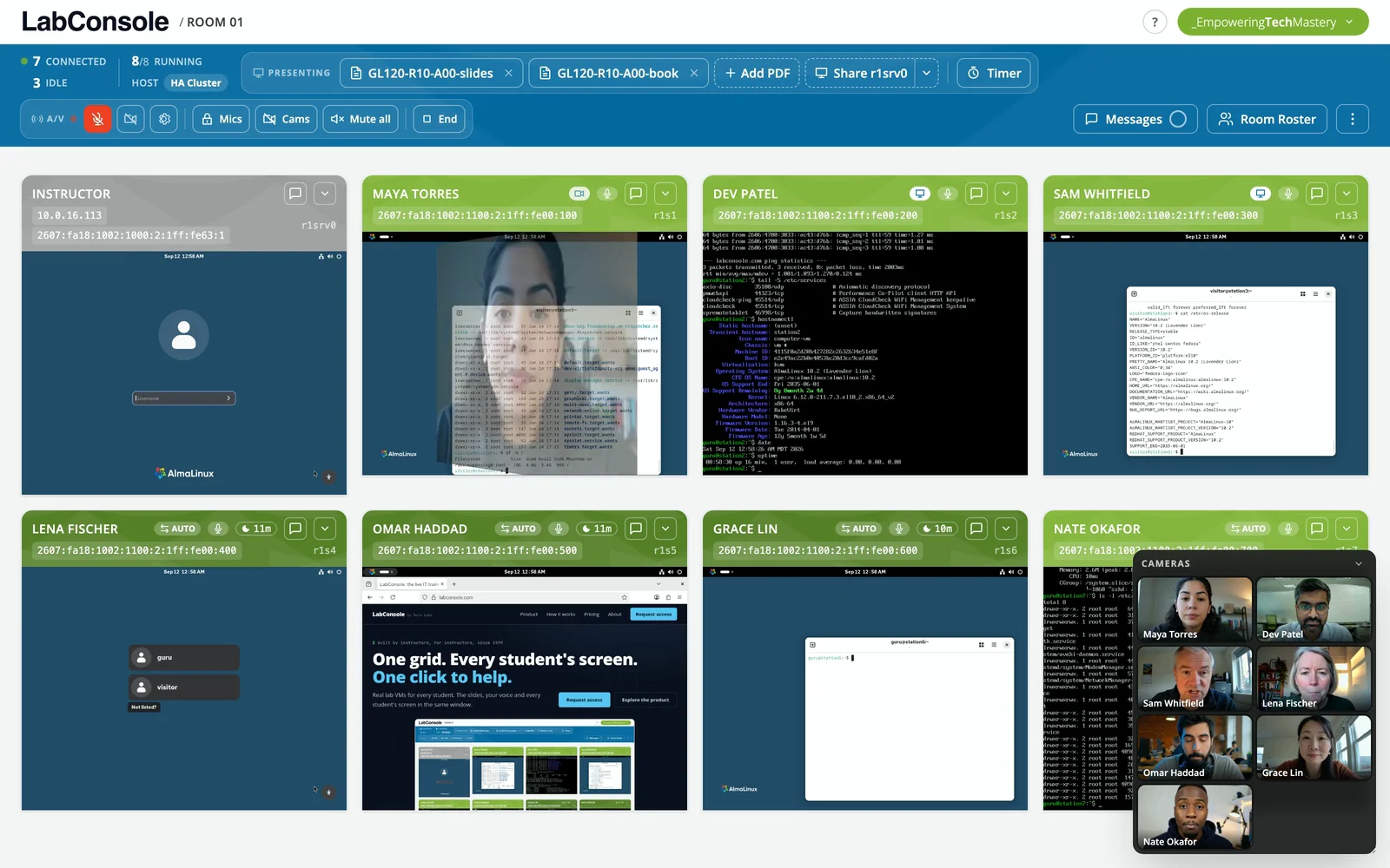 Three grey panels for what traditional meeting tools make slow, then the instructor grid live: cards going green as students connect, a card turning to a student's camera as they speak, then back to their screen