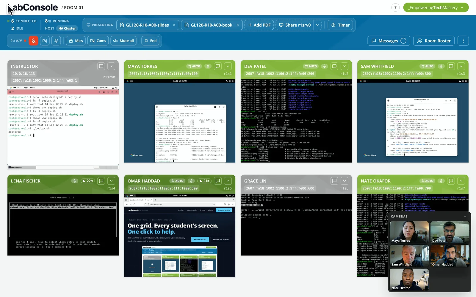 A student's machine sits broken at the GRUB rescue prompt on the instructor grid; Manage, then Restore, and the tile boots back to the login screen while the rest of the class keeps working