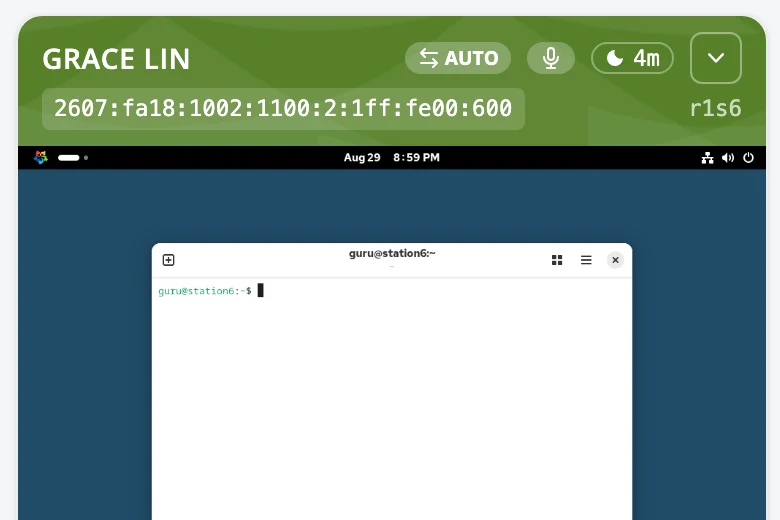 One student card from the instructor grid, captured live: a green header with the student's name and machine address, an AUTO face-mode chip, a microphone badge, an idle pill reading 4m, the machine id r1s6, and the live thumbnail of a terminal on their desktop.